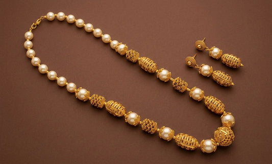 Antique gold tone pearl beaded necklace set -dj08010