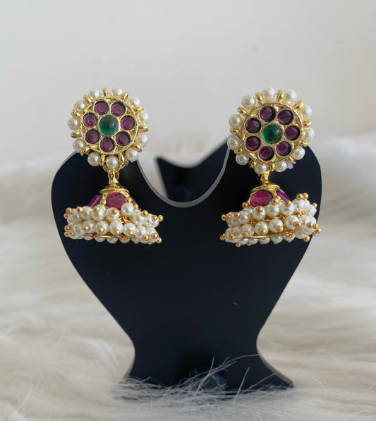 Gold tone precious kemp-green pearl screw back jhumkka -dj14753