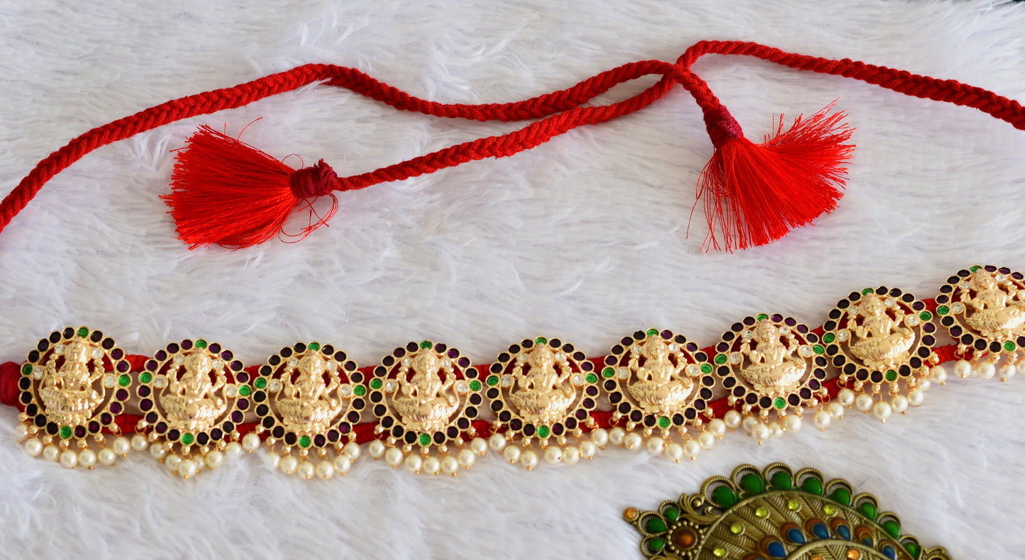 Gold tone precious kemp-green-white pearl lakshmi waist band dj-52270