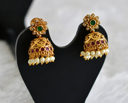 Antique gold tone ruby-green pearl flower jhumkka dj-52160