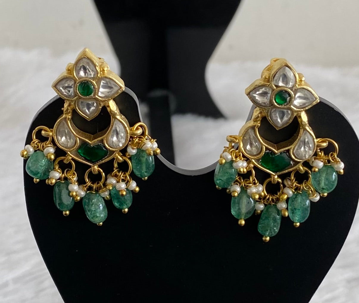Gold tone white-green stone green beaded kundan jadau bali earrings dj-53558
