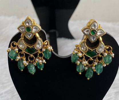 Gold tone white-green stone green beaded kundan jadau bali earrings dj-53558