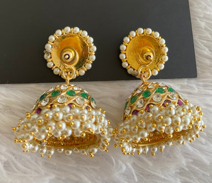 Gold tone precious kemp-green-white stone pearl big jhumkka dj-53215