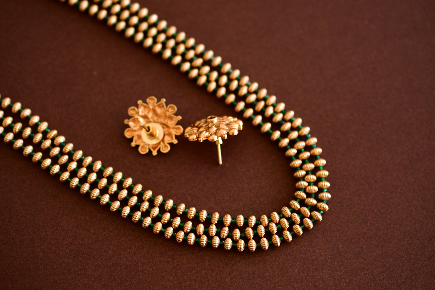 Antique gold tone green beaded multilayer necklace set dj-52699