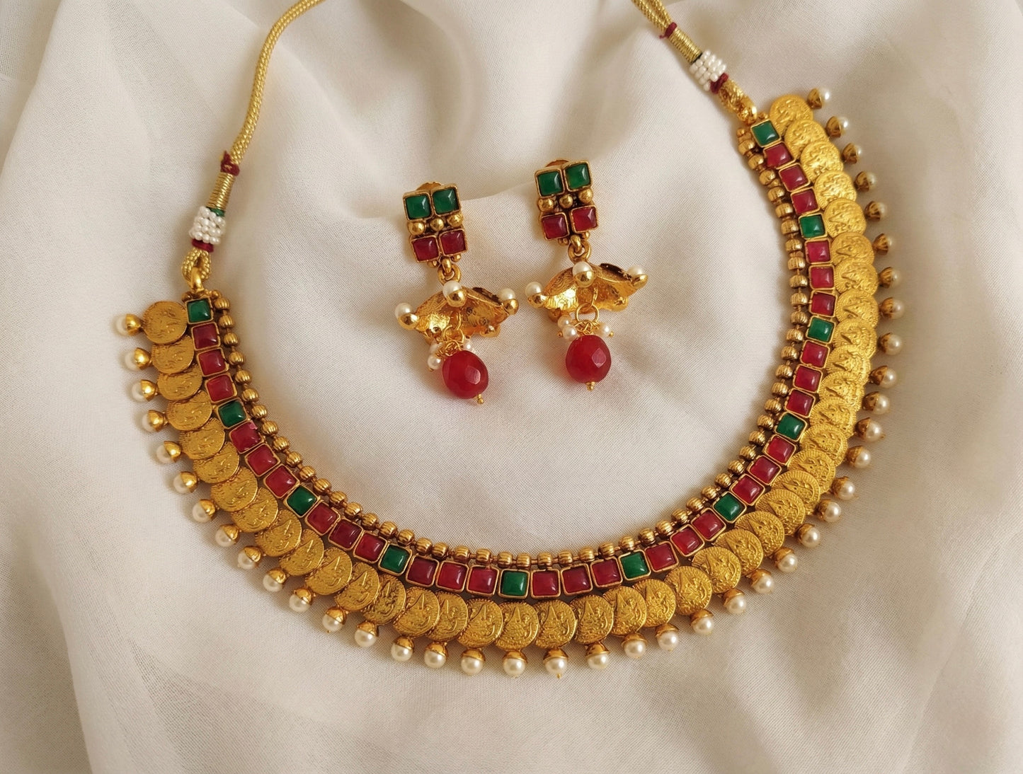 Antique kemp-green lakshmi coin necklace set - DJ16792