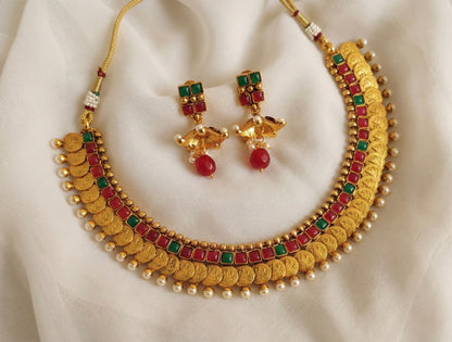 Antique kemp-green lakshmi coin necklace set - DJ16792