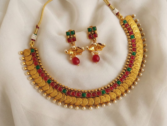 Antique kemp-green lakshmi coin necklace set - DJ16792