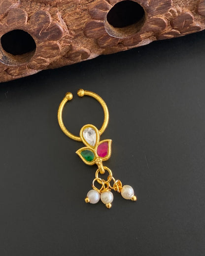 Gold tone kundan jadau pink-green-white stone pearl nose pin/bulakku dj-53802