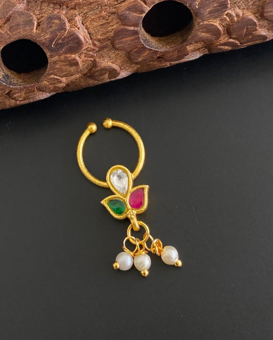 Gold tone kundan jadau pink-green-white stone pearl nose pin/bulakku dj-53802