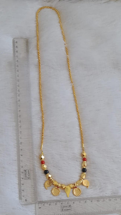 Gold tone 24 inches rope chain with coral-black bead pink stone mango lakshmi coin elakka thali mangalyam dj-50466