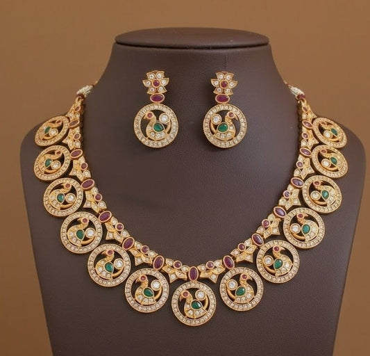 Beautiful Matte Finish Ruby-emerald Peacock Designer Necklace Set DJ23588