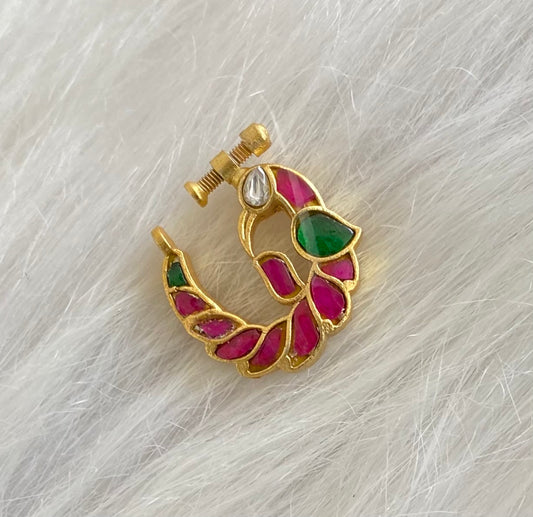 Gold tone kundan jadau kemp-green peacock nose pin dj-53711