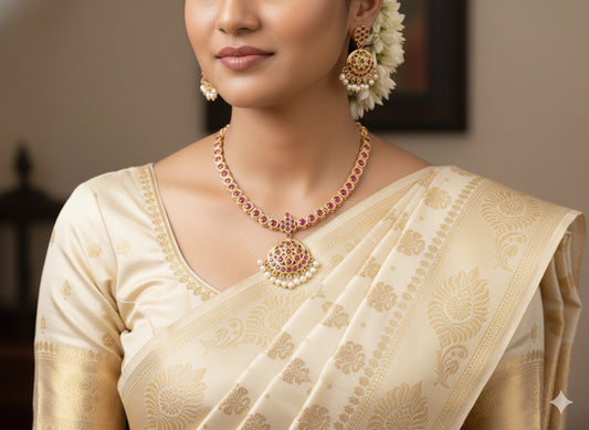 Gold Tone AD Pink South Indian Style Attigai/Necklace Set DJ18307