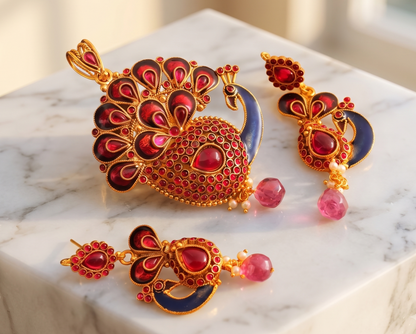 Antique Kemp Peacock Meenakari Pendant Set-dj10104
