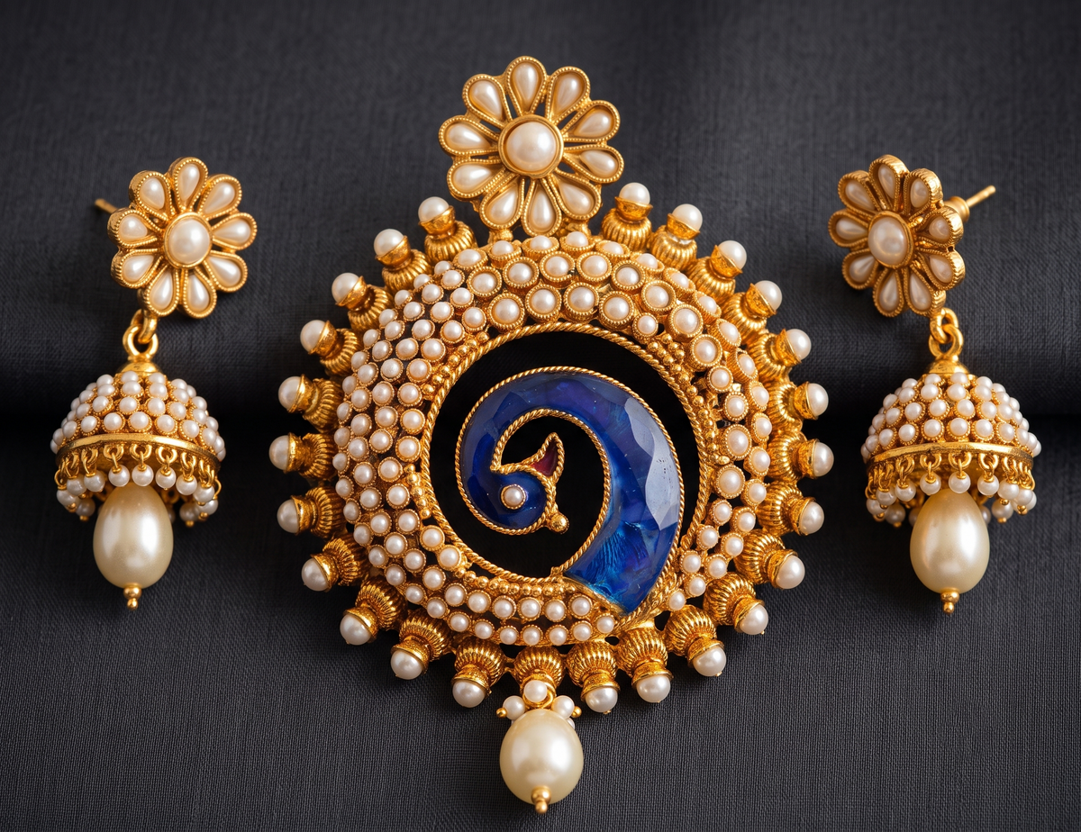 Antique Pearl Peacock Meenakari Pendant Set-dj10106