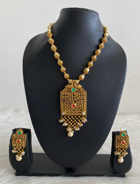 Antique gold tone pearl beaded square pendant necklace set dj-10108