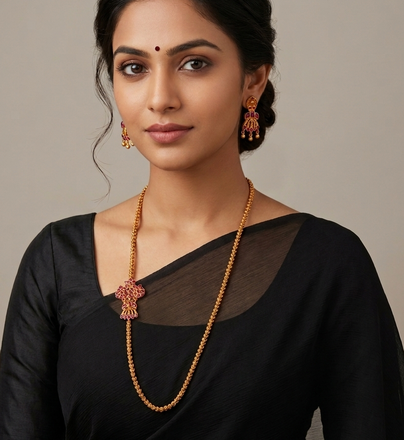 Matte finish ruby mugappu chain with earrings dj-10120