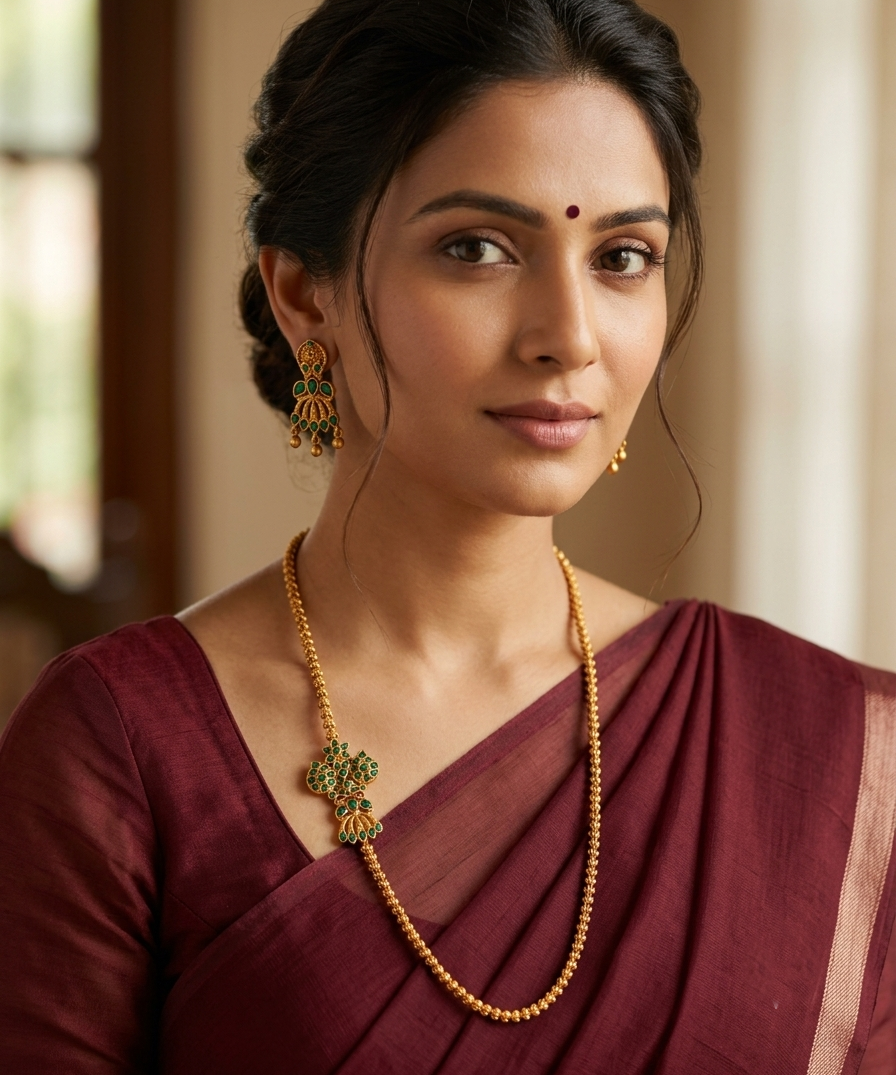 Matte finish emerald mugappu chain with earrings dj-10121