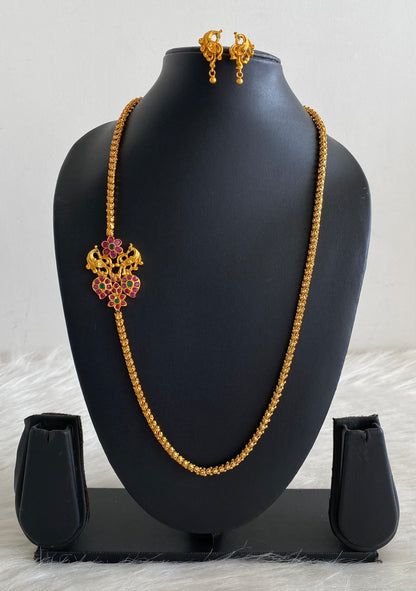 Matte finish ruby-emerald peacock mugappu chain with earrings dj-10125
