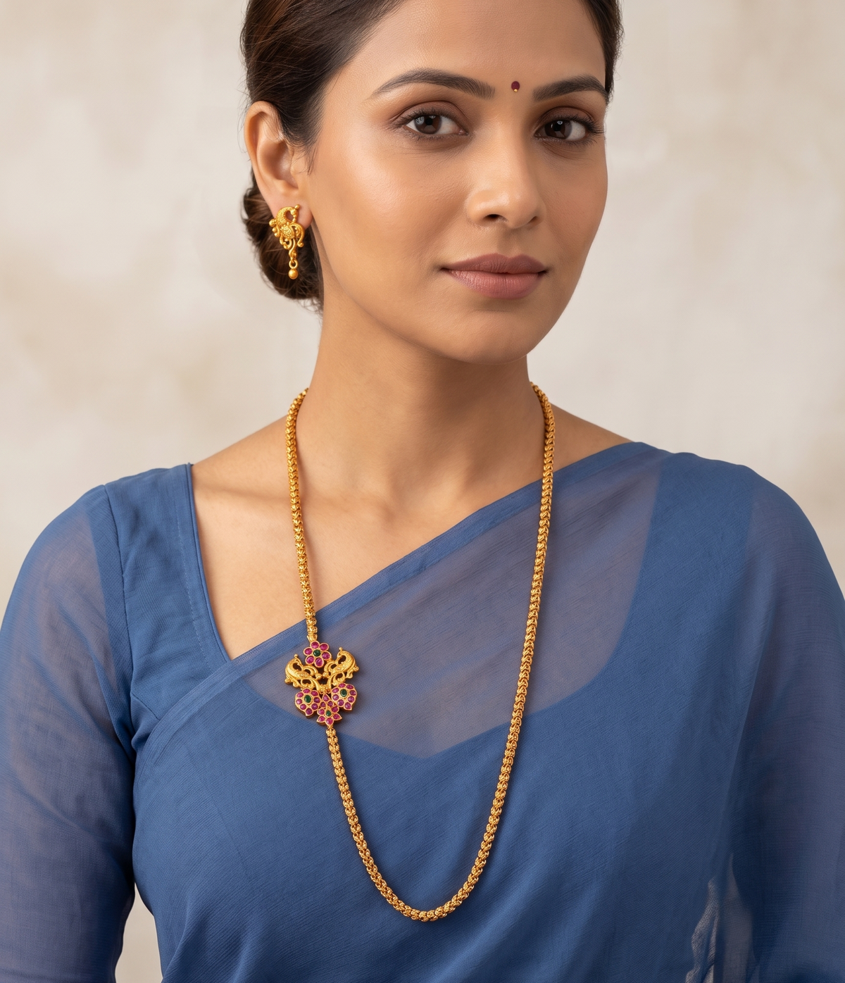 Matte finish ruby-emerald peacock mugappu chain with earrings dj-10125