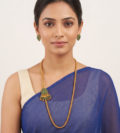 Matte finish emerald mugappu chain with earrings dj-10126