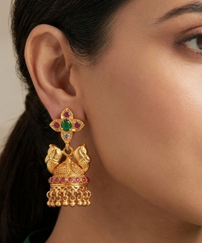 Matte Finish Ruby-emerald Jhumkka With Screw Back dj-10158