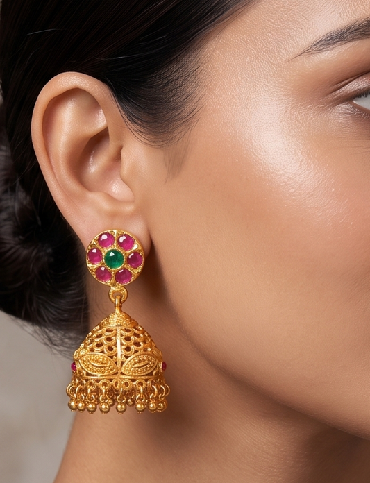 Matte Finish Ruby-emerald Screw Back Jhumkka -dj10170