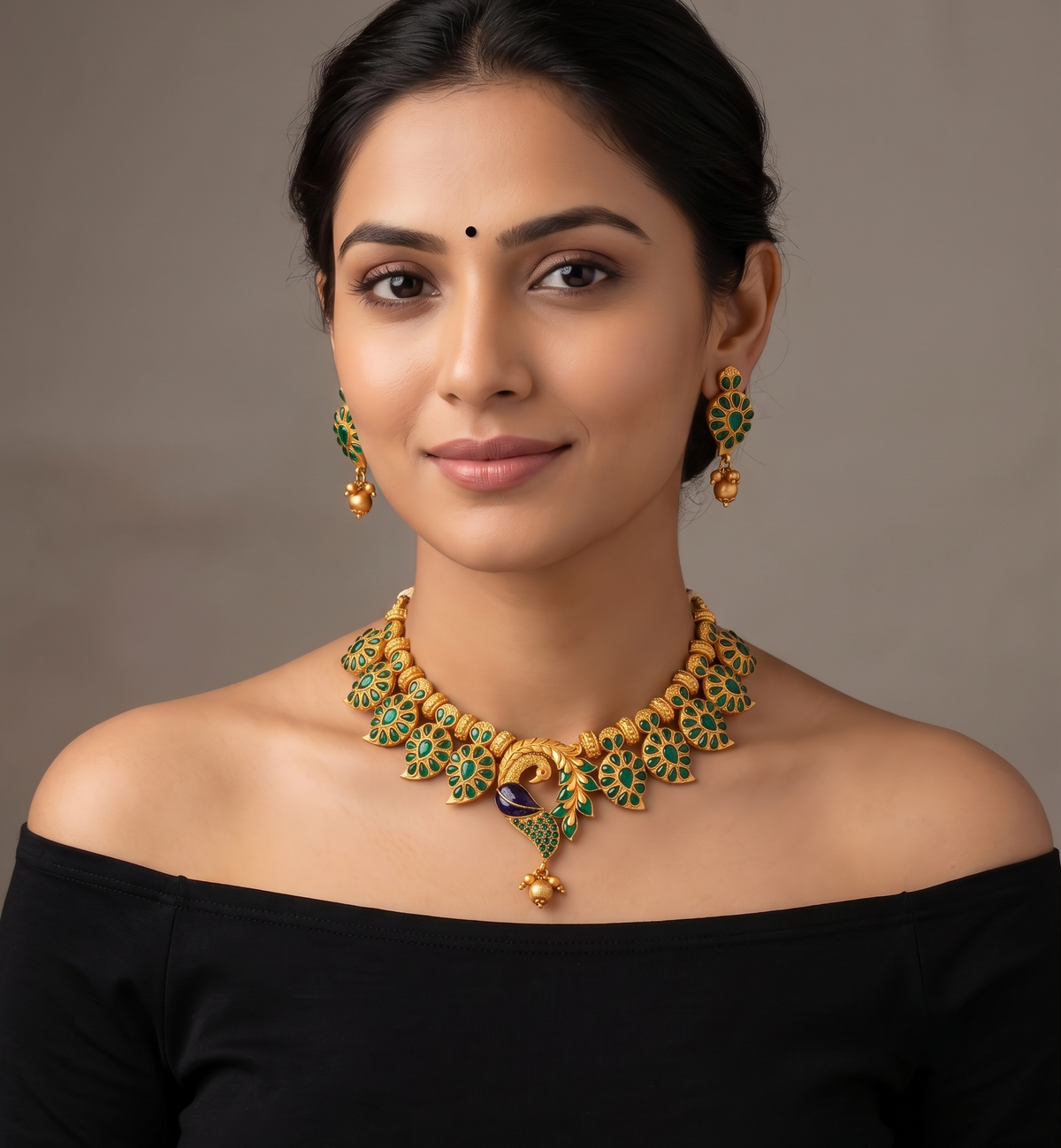 Matte Finish Emerald Peacock Necklace Set -dj10223
