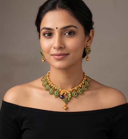 Matte Finish Emerald Peacock Necklace Set -dj10223