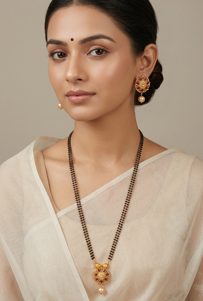 Matte Finish Red flower Mangalsutra With Earrings -dj10234