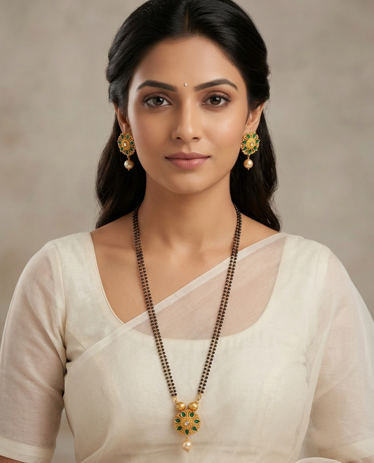 Matte Finish Green flower Mangalsutra With Earrings -dj10236