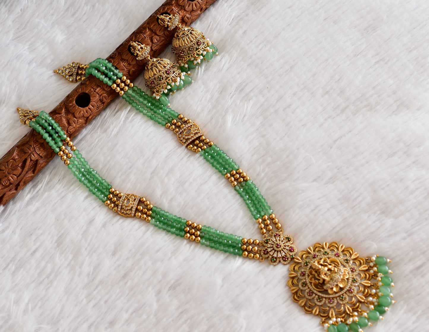 Antique gold tone pink-green beaded Lakshmi haar set dj-52439