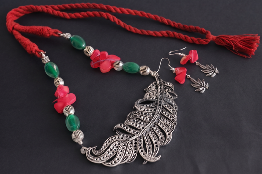 Silver tone red-green agate feather Neckalce Set DJ10621