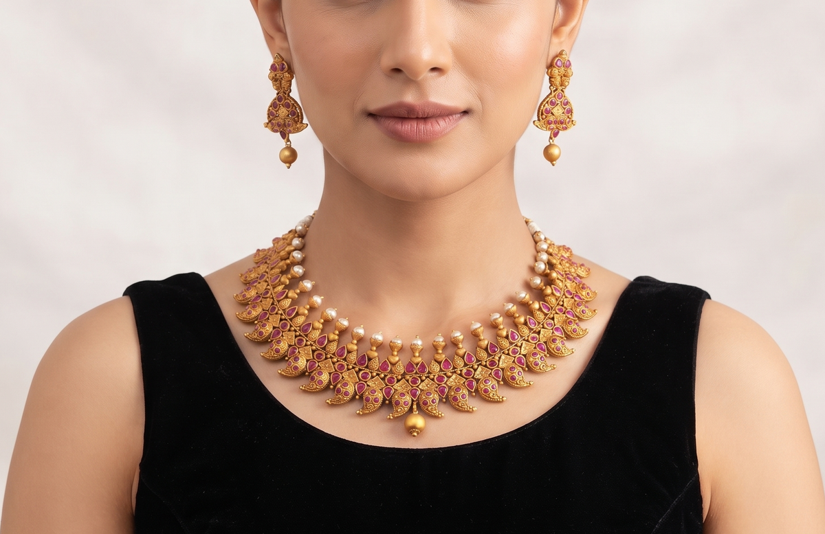 Matte Finish Ruby Pearl Mango Necklace Set-dj10271