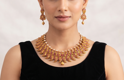 Matte Finish Ruby Pearl Mango Necklace Set-dj10271