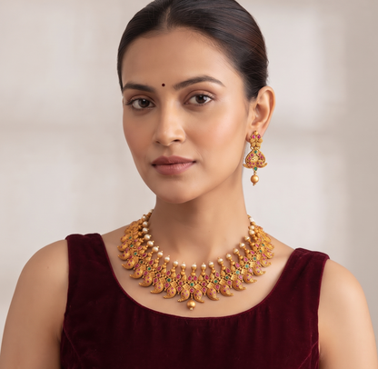 Matte Finish Ruby-emerald Mango Designer Necklace Set-dj10272