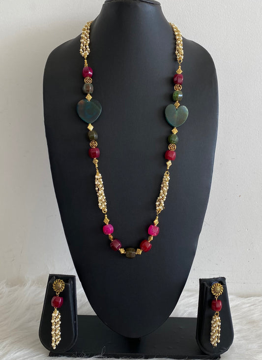 Antique gold tone Heart shape Onyx Bead Pearl Chain Set-dj10925
