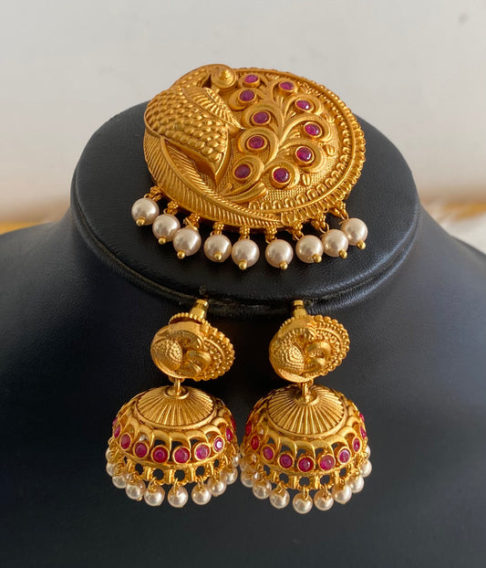 Matte Finish Ruby pearl Peacock Pendant Set dj-10303