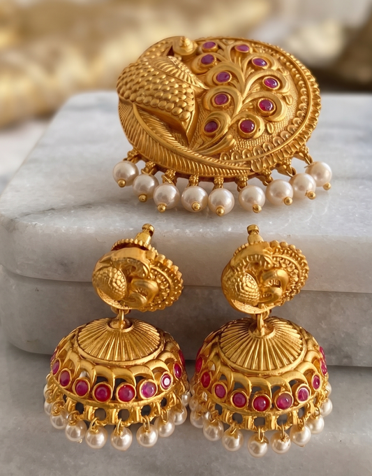 Matte Finish Ruby pearl Peacock Pendant Set dj-10303