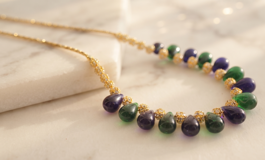 Gold tone Blue-Green Drop Bead Necklace -dj10323