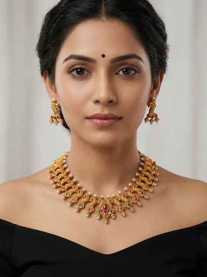 Matte Finish Ruby-emerald Pearl Peacock Necklace Set dj-10366