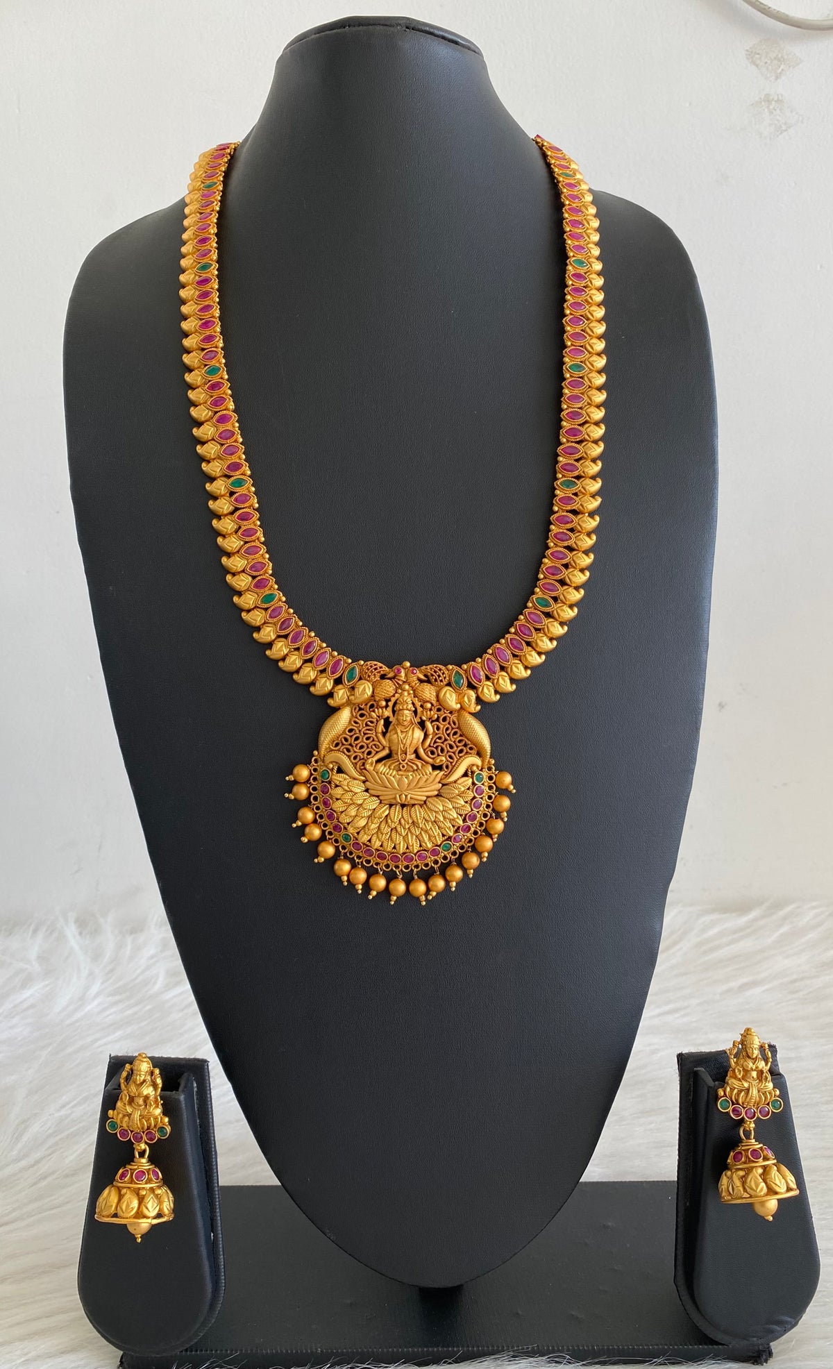 Matte Finish Ruby-emerald Lakshmi Haar Set -dj10372