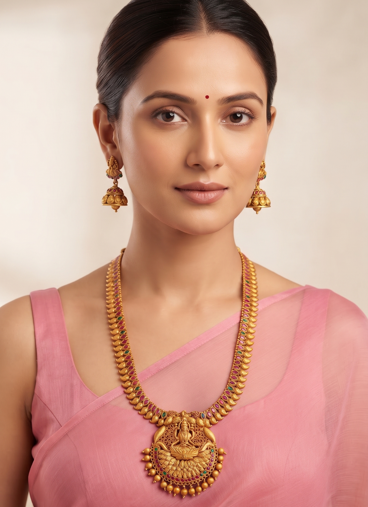 Matte Finish Ruby-emerald Lakshmi Haar Set -dj10372