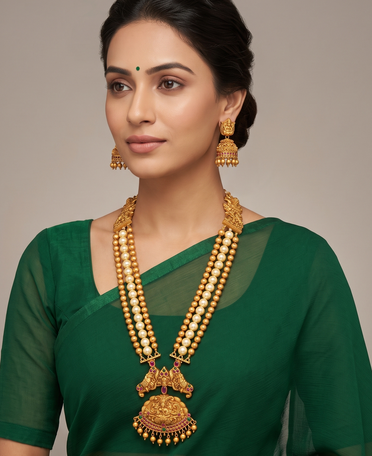 Matte Finish Ruby-emerald Lakshmi Pearl Beaded Haar Set dj-10373