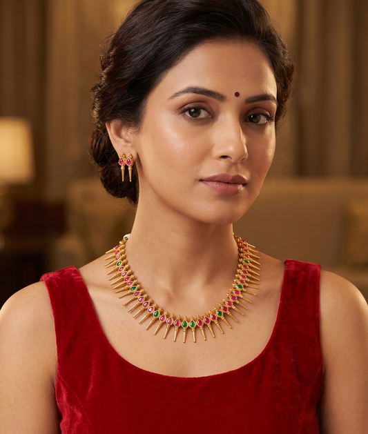 Matte Finish Ruby-emerald Kerala style Necklace Set dj-10375