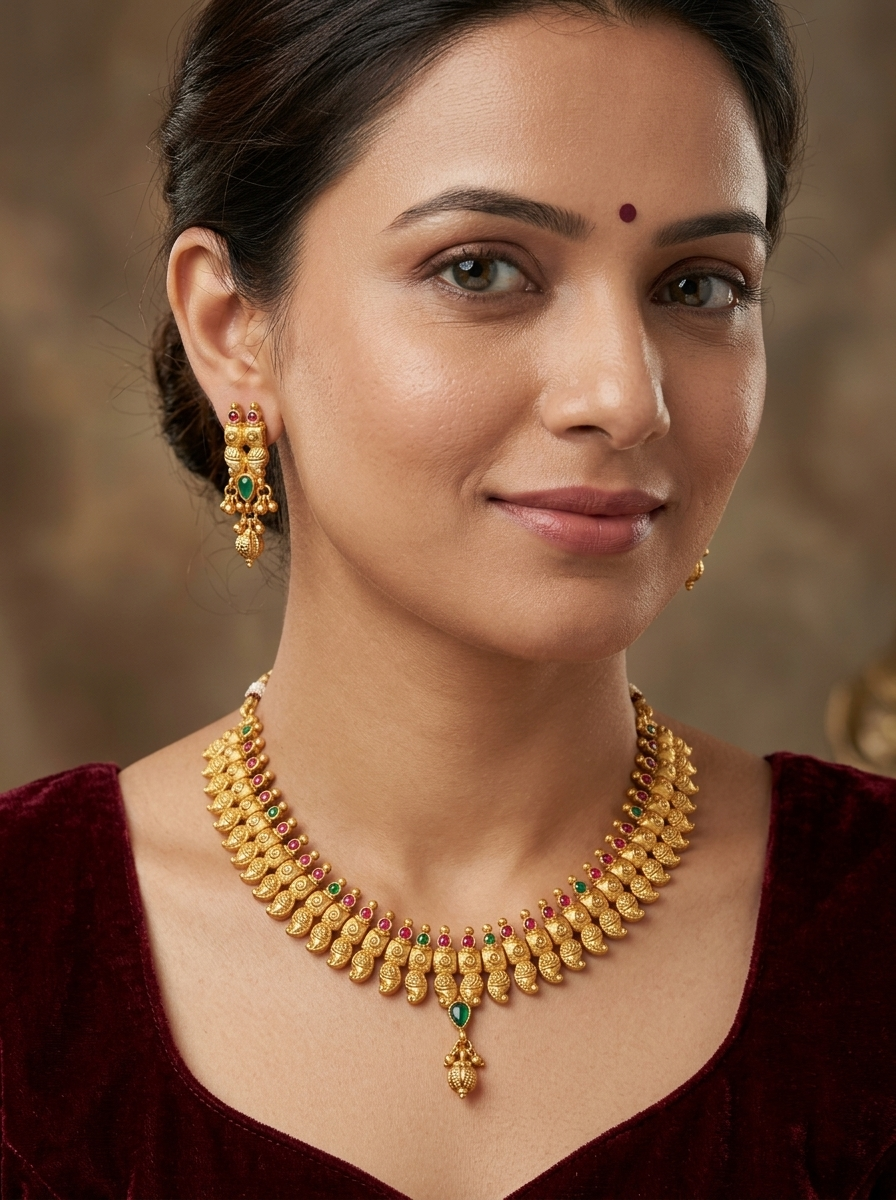 Gold tone Ruby-emerald Mango Necklace Set -dj10378