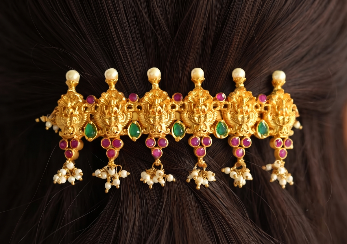 Matte Finish Ruby-emerald Pearl Lakshmi Hair Clip - DJ10408