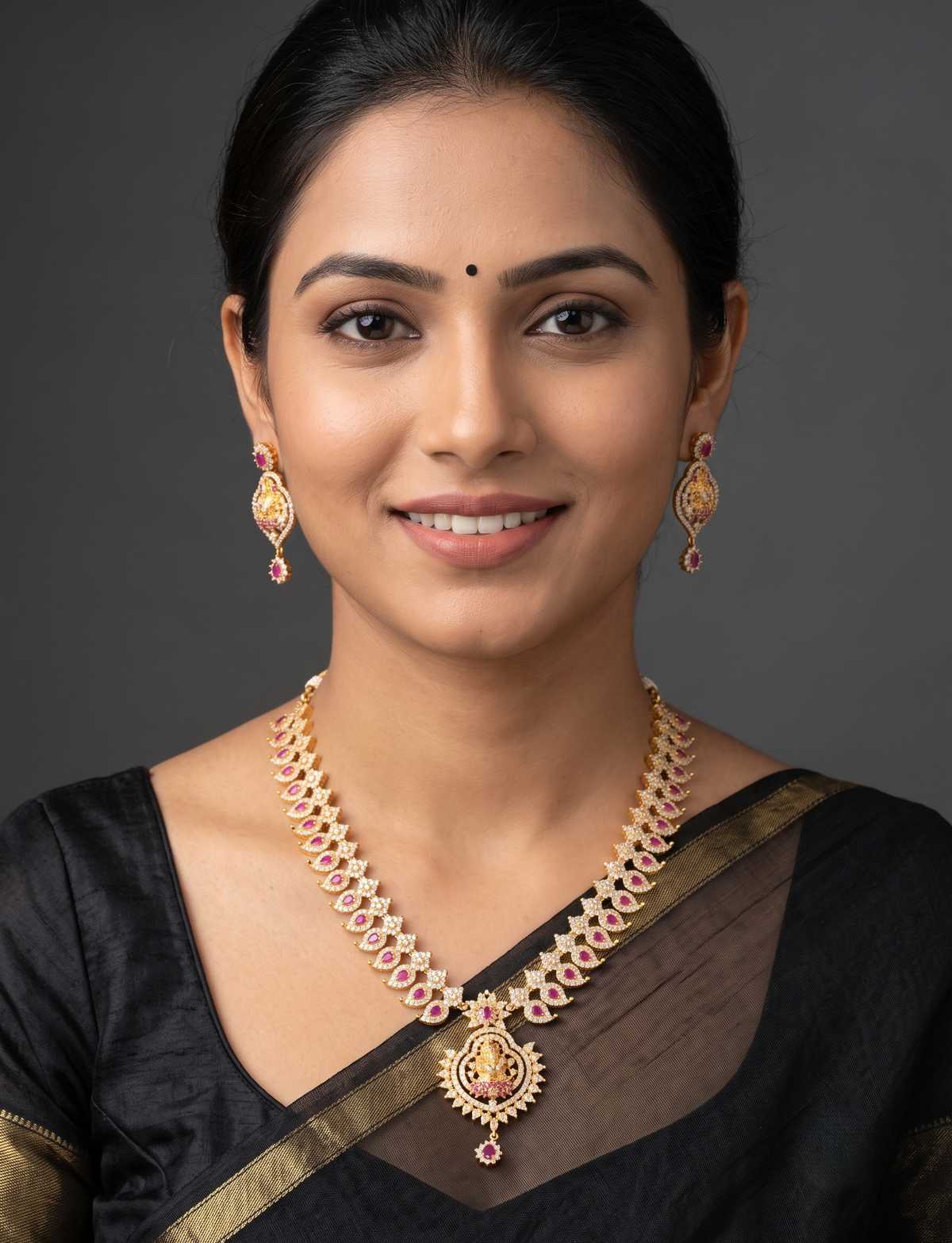 Gold tone cz-ruby mango lakshmi necklace set dj-10447