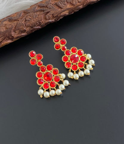Gold tone AD red stone pearl flower earrings dj-55135