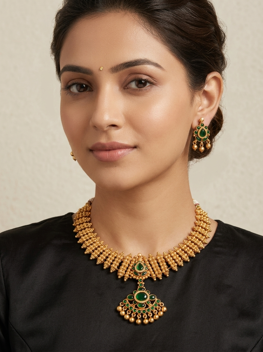 Matte Finish Green Designer Necklace Set dj-10461
